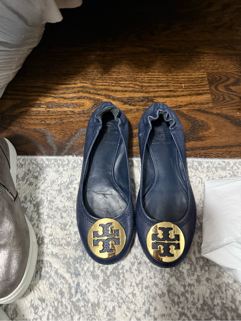 Tory Burch Navy Leather Reva Ballet Flats with Gold Logo